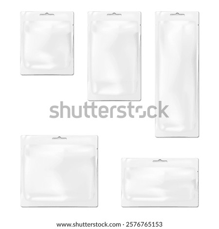 Blank white sachet packet with tear notches and euro hole. 3d mockup set. Plastic pouch bag. Realistic vector mock-up. Food, medical or cosmetic product hanging individual package. Template kit