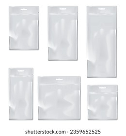 Blank white sachet packet. Vector mockup set. Plastic pouch with euro slot, zip lock and tear notches template. Food, medical or cosmetic product individual package kit mockup