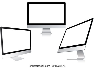 Blank white screen computer display isolated on white.