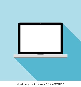 blank white screen laptop computer with dark blue shade shadow on blue background. vector illustration