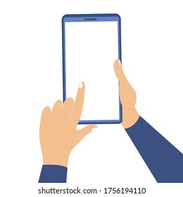 A blank, white screen smartphone. Hold hands, touch finger touch. Blank for inserting text. Flat design, vector cartoon, isolated on white background, eps 10.