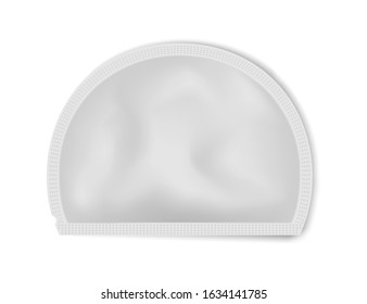 Blank white semicircular sachet packet, realistic vector mockup. Beauty, medical or food product package, mock-up.