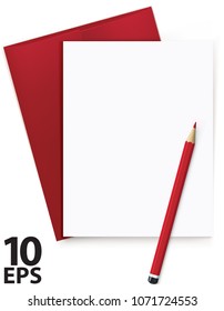 Blank white sheet with letter and red pencil. Realistic  Vector 3d illustration