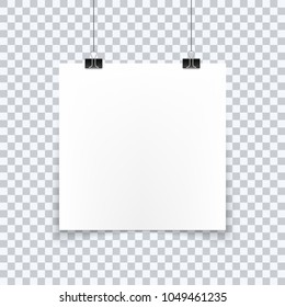 Blank white sheet and paper clips with realistic shadow isolated on a gray background