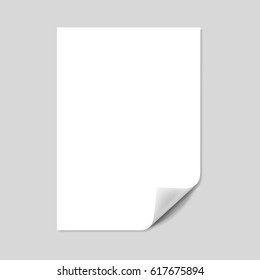 Blank white sheet of paper with curled corner, vector mockup