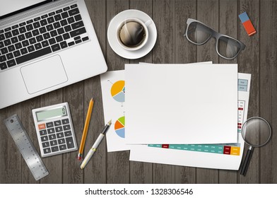 Blank white sheet of paper with laptop. Financial graphs and charts. Vector illustration.