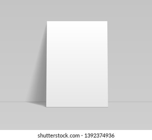 Blank white sheet of paper leaning at the wall template, vector mockup