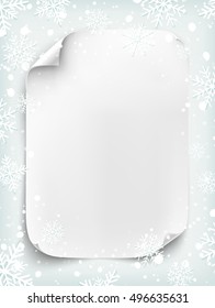 Hoja de papel blanco en blanco sobre fondo de invierno con nieve y copos de nieve. Ilustración vectorial.