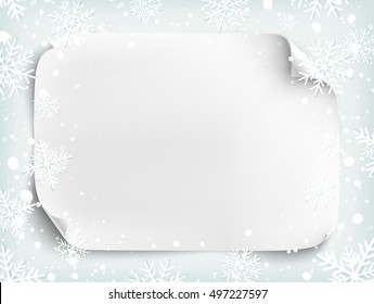 Blank White Sheet Of Paper On Winter Background With Snow And Snowflakes. Brochure, Flyer Or Poster Template. Vector Illustration.