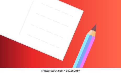 Blank white sheet of paper, poster card and pencil lying on a desk. Office and school stationery objects. Gradient color fill effect background. 