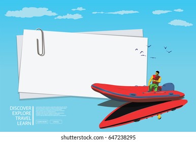 blank white sheet of paper for recording and a fisherman in the red boat