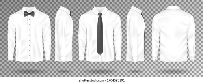 Blank White shirt with black tie and bow tie isolated. Realistic Men shirt mockup with long sleeves front, side, back view. Vector illustration