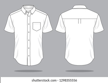 Blank White Short Sleeve Dress Shirt with One Pocket Template on Gray Background. Front and Back View, Vector File.