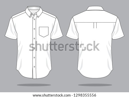 Blank White Short Sleeve Dress Shirt with One Pocket Template on Gray Background. Front and Back View, Vector File.