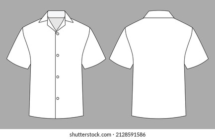 Blank White Short Sleeve Hawaii Shirt Template on Gray Background. Front and Back View, Vector File.