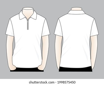 Blank white short sleeve polo shirt with zip placket template on gray background. Front and back views, vector file.