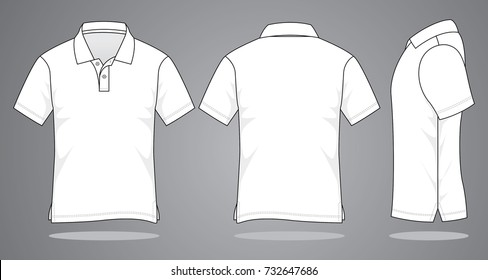 Blank white short sleeve polo shirt template on gray background. Front, back, and side views, vector file.