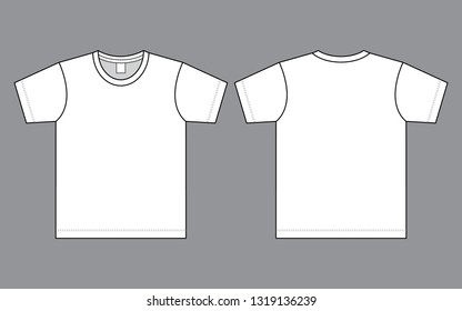 Blank White Short Sleeve T-Shirt Template on Gray Background. Front and Back Views, Vector File