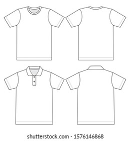 Blank White Short Sleeve T-Shirt and Polo Shirt Template. Front and Back Views, Vector File.