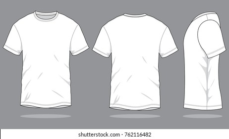 Blank White Short Sleeve T-Shirt Templateon on Gray Background.
Front, Back and Side View, Vector File