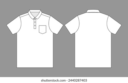 Blank white short-sleeve polo shirt with pocket on left chest for mock-up template on gray background. Front and back view, vector file.