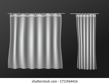 Blank white shower curtain template or mockup, realistic vector illustration isolated on dark background. Bathroom waterproof screen hanging on steel hooks and rod.