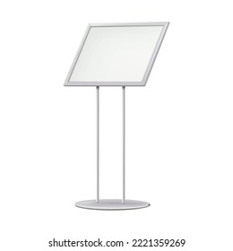 Blank white sign holder stand with two-legged round flat base post realistic vector mockup. Menu board. Floor standing display. Metal poster frame mock-up. Template for design