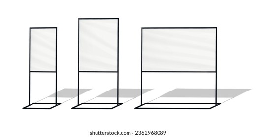 Blank white sign holder stand set. Realistic vector mockup. Floor poster display frame mock-up. Template for design