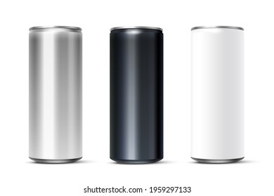 Blank white, silver, black beer or soda can set. 3d aluminium or tan mockup vector illustration. Energy drinks, alcohol, cider, juice packaging logo design on white background.