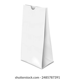 Blank white small paper bag isolated on white background. Realistic 3d vector mockup. Flat bottom gusseted package for loose goods as coffee, sweets, etc. Mockup. Template for design