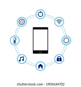Blank white smartphone around by blue circle shape icon of things such as wifi, light, lock, home, song, temperature, setting, and shutdown symbol connected on white background.