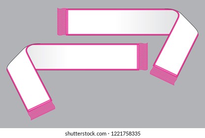 Blank white soccer scarf with pink fringe tassels design on gray background. Front and back views, vector file.