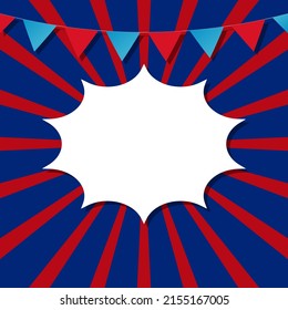 blank white speech bubble on red and blue sunburst background with colorful bunting flag for website banner and festive graphic design