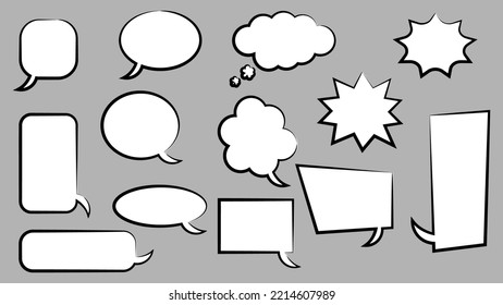 blank white speech bubble set. cartoon chat box with ink frame isolated on grey background