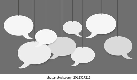 Blank white speech bubbles hanging from a cord. 3D vector illustration on grey background.