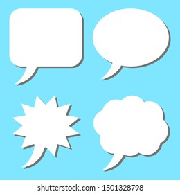 blank white speech bubbles set with different shape and dark grey shadow isolated on blue background. vector illustration