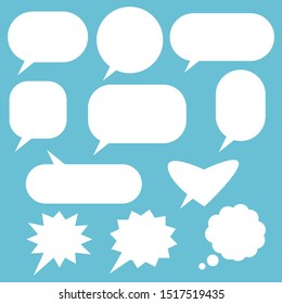 blank white speech bubbles set with different cartoon shape isolated on blue background, vector illustration