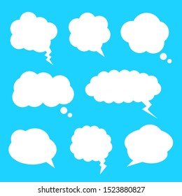 blank white speech bubbles set with different clouds cartoon shape isolated on blue background. vector illustration