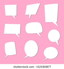 blank white speech bubbles set; blank white cartoon chat boxes for add words, speech or comic speaking isolated on pink background. vector illustration 