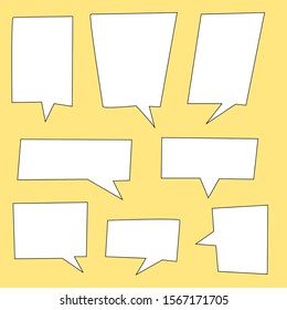 blank white speech bubbles set with black border isolated on yellow background. vector illustration