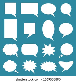 blank white speech bubbles set with different cartoon shape isolated on blue background. vector illustration 