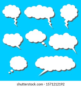 blank white speech bubbles set with cloud shape on blue background. vector illustration 