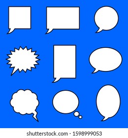 blank white speech bubbles set with different shape isolated on blue background. vector illustration