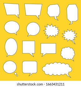 blank white speech bubbles set. dialogue boxes with different shape for cartoon speech, talking and graphic design elements isolated on yellow background. vector illustration