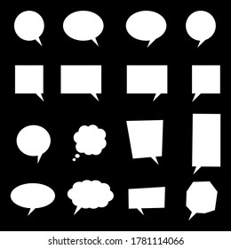 juego de burbujas de voz blancas en blanco. cuadro de diálogo de dibujos animados aislados en fondo negro. ilustración vectorial