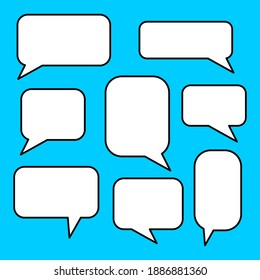 burbujas de voz blancas en blanco con forma diferente aisladas en fondo azul. ilustración vectorial