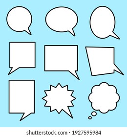 blank white speech bubbles set with different shape cartoon chat boxes isolated on blue background. vector illustration