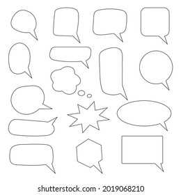 blank white speech bubbles set. cartoon doodles chat box with black frame isolated on white background. vector illustration