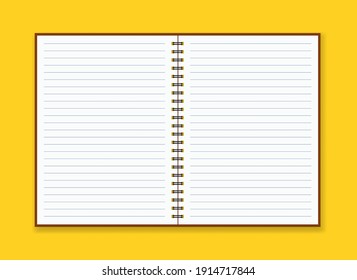Blank white spiral notebook on yellow background. Notebook mockup