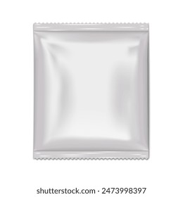 Blank white square 2 side seal sachet pouch. Realistic vector mock-up. Plastic, paper or foil bag template. Food, medical or beauty product individual package mockup